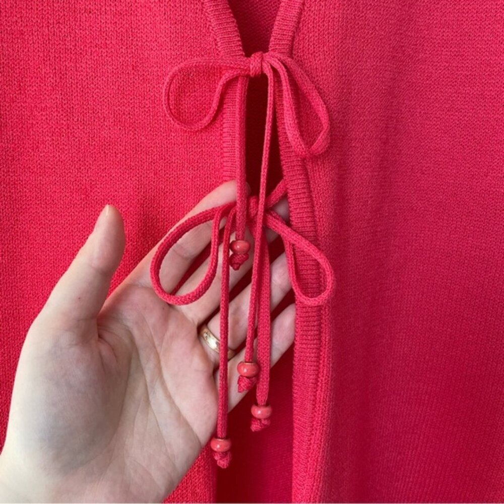 SOLD ST.JOHN for Holt Renfrew Coral Red Tie Front Cardigan Santana Knit Size 14 - Picture 4 of 7